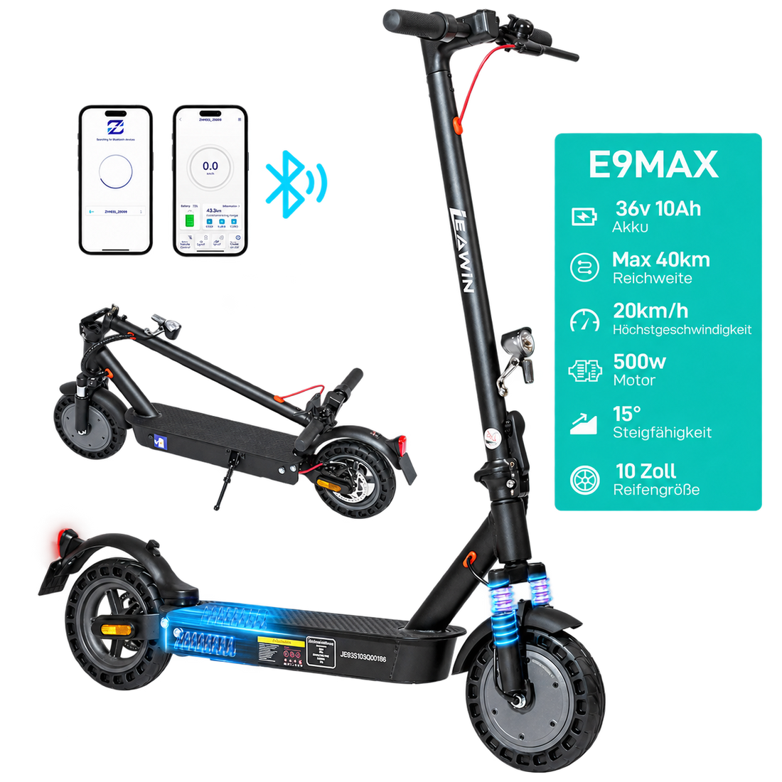 YL E9MAX Elektro Scooter – 500W E-Scooter mit App, 10 Zoll Reifen & Vollfederung